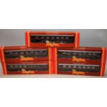 Hornby OO gauge LMS Crimson Lake Livery Carriages, R474 x 4 and R475 x 1. 5 in lot, all boxed