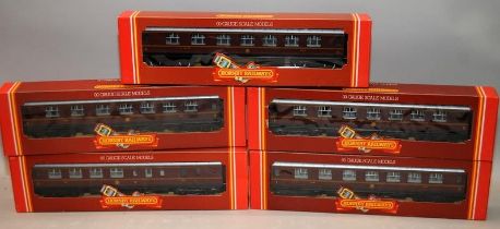 Hornby OO gauge LMS Crimson Lake Livery Carriages, R474 x 4 and R475 x 1. 5 in lot, all boxed