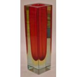 Murano Sommerso 1960's vintage block glass vase in red 15cm tall.