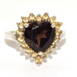 Large smokey quarts/citrine 925 silver heart ring size N