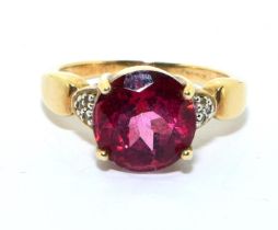 9ct gold ladies Rubellite and Diamond statement ring size O