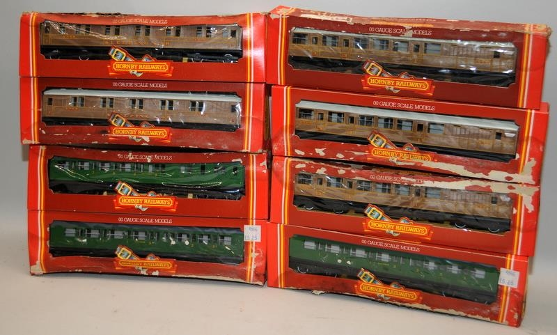 Hornby OO gauge, 8 x boxed carriages, boxes having suffered water damage