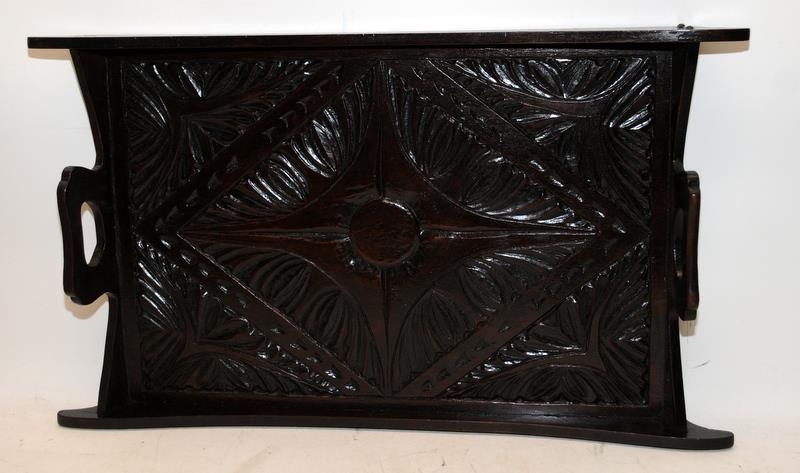 Antique mahogany hand carved wooden butlers tray. O/all 61cms across
