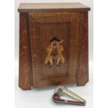 Vintage inlaid oak smokers compendium to include cased pipe 43x39x19cm.