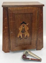 Vintage inlaid oak smokers compendium to include cased pipe 43x39x19cm.