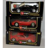 Bburago 1:187 scale die-cast metal models, Corvette, Lamborghini and Ferrari. 3 in lot, all boxed