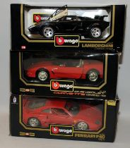 Bburago 1:187 scale die-cast metal models, Corvette, Lamborghini and Ferrari. 3 in lot, all boxed