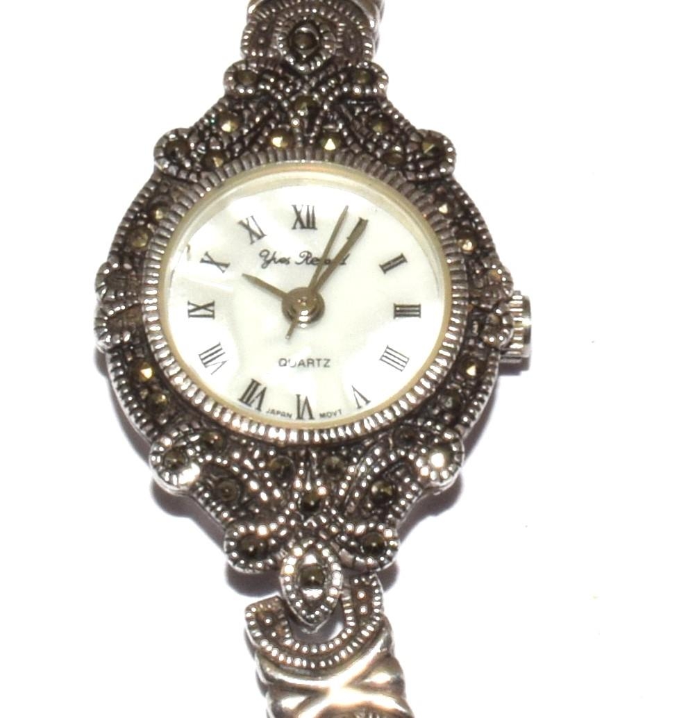 Yves Renaud 925 silver marcasite quarts watch working when catalogued - Image 5 of 5