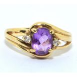 9ct gold ladies Amethyst and Diamond ring 3.2g size N