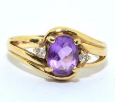 9ct gold ladies Amethyst and Diamond ring 3.2g size N