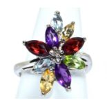 A 925 silver and multi coloured gemstone ring size L