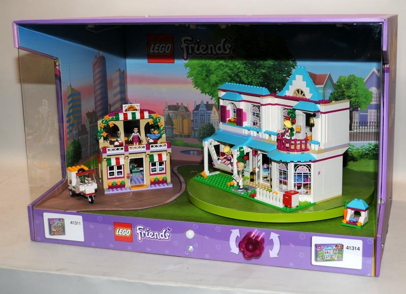 Lego Friends retail shop display diorama set 41311 Heartlake Pizzeria and set 41314 Stephanie's
