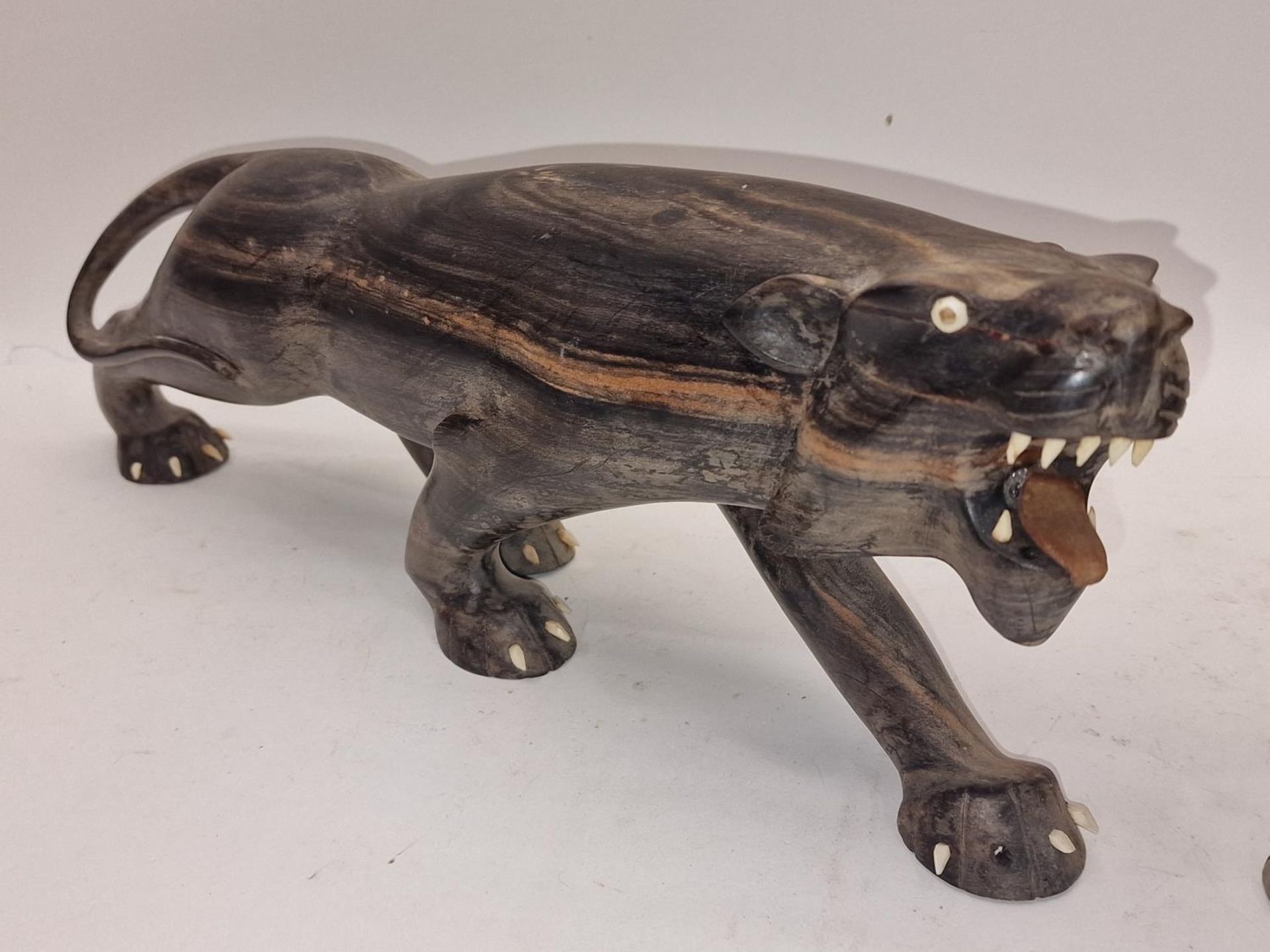 Pair of rare heavy wood carved tigers each 45cm long. - Image 2 of 4