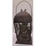 Vintage rustic metal and glass lantern depicting owls 46cm tall excluding handle.