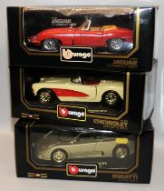 Bburago 1:18 scale die-cast metal models Jaguar, Chevrolet and Bugatti. 3 in lot, all boxed