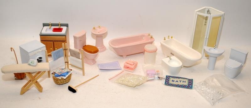 Dolls House Furniture: A selection of bath/laundry room settings including a ceramic bathroom suite