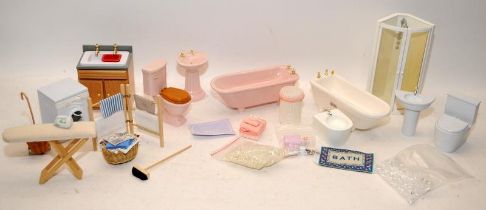 Dolls House Furniture: A selection of bath/laundry room settings including a ceramic bathroom suite