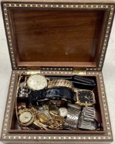 Mixed gents and Ladies watches in a Tunbridge ware box