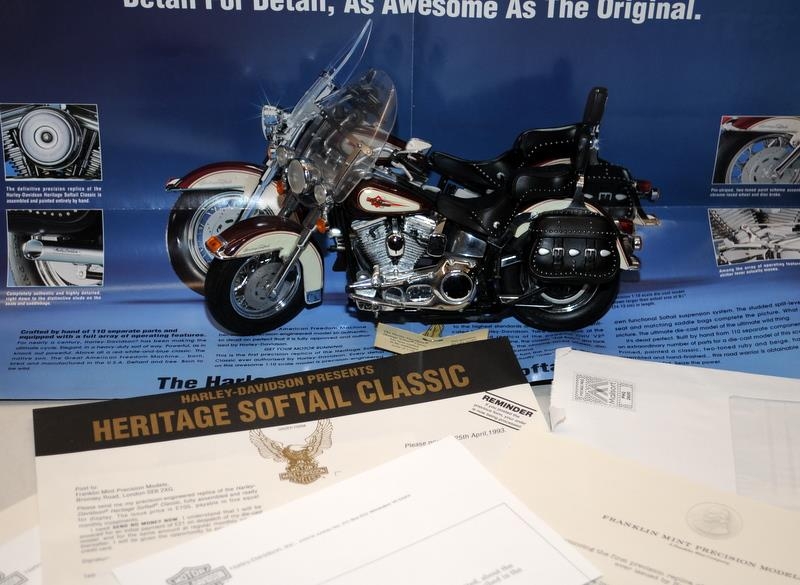 Franklin Mint 1:10 scale die-cast Harley Davidson Softail Motorcycle c/w papers and packaging. One