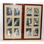 A collection of reproduction Edwardian risque cabinet cards displayed in two good quality frames. 12