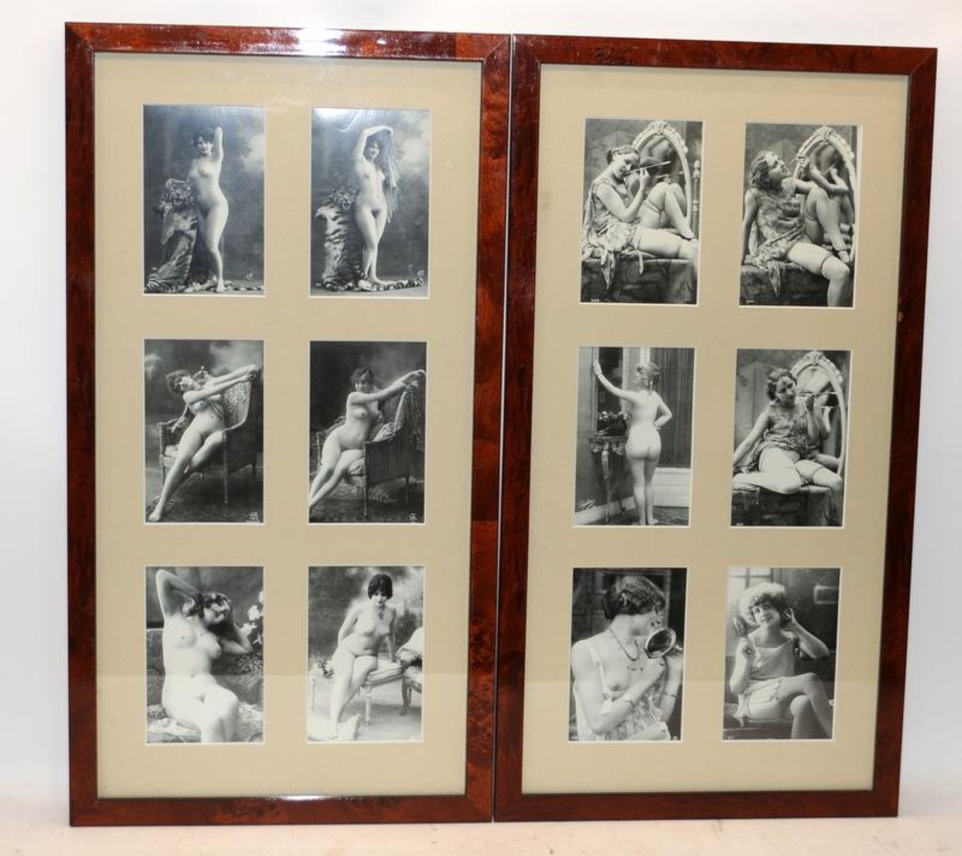 A collection of reproduction Edwardian risque cabinet cards displayed in two good quality frames. 12