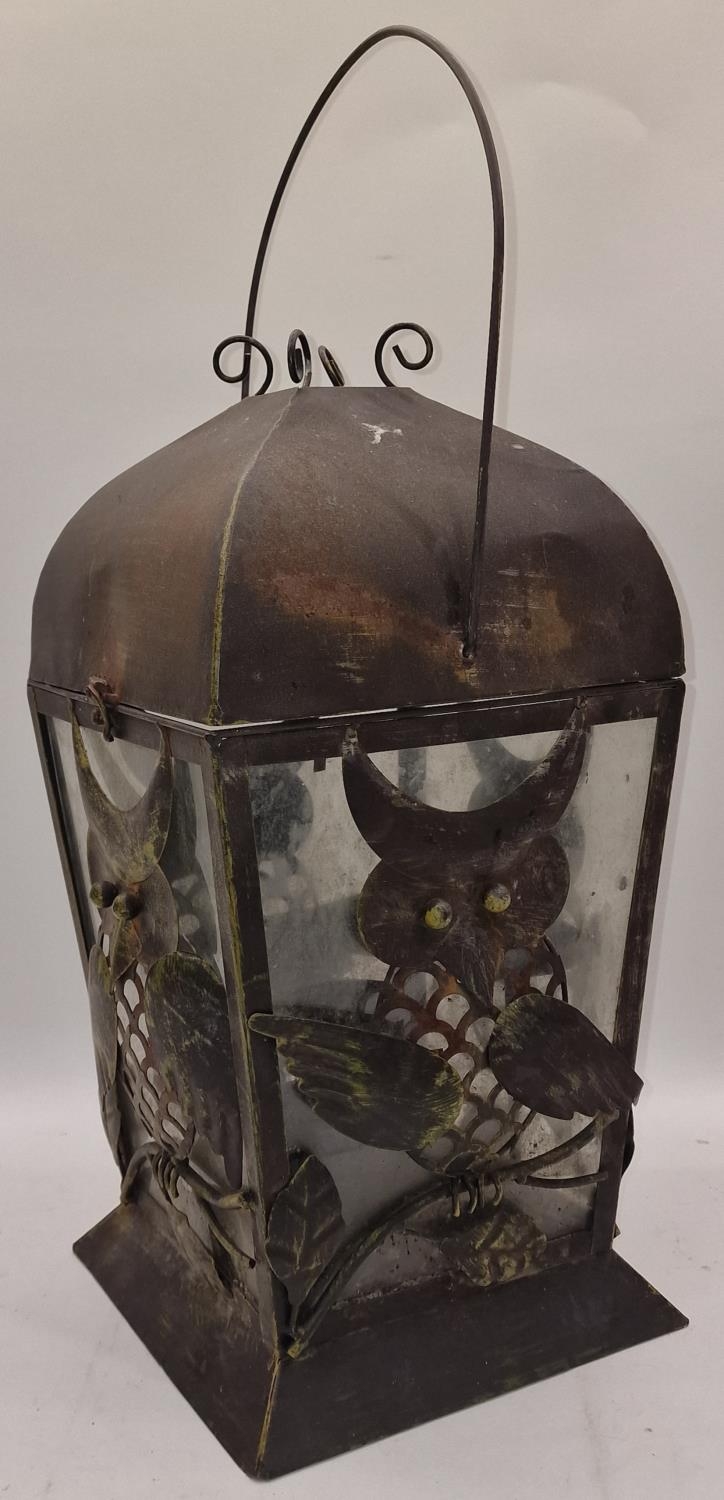 Vintage rustic metal and glass lantern depicting owls 46cm tall excluding handle. - Image 2 of 2
