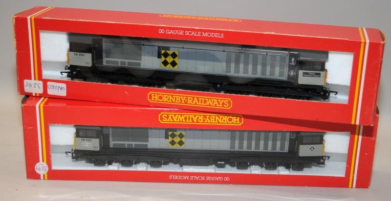 Hornby OO gauge Class 58 BR Co-Co Diesel 58 025 ref:R332 c/w Class 58 Railfreight ref:705. Both