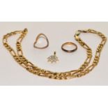 Silver gilt Figaro necklace together with rolled gold rings and a pendant