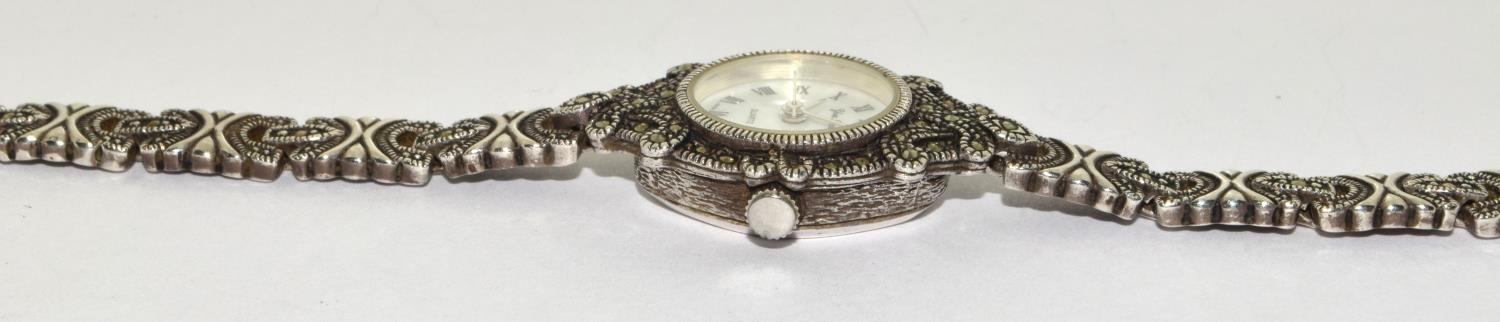 Yves Renaud 925 silver marcasite quarts watch working when catalogued - Image 3 of 5