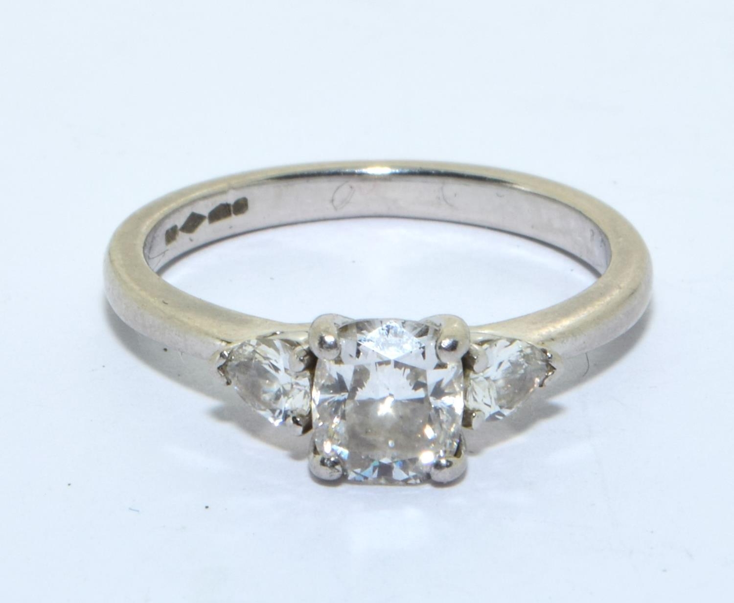 Platinum Diamond ring of approx 0.50ct cushion cut center stone with two pair shape cut diamonds , - Image 5 of 5