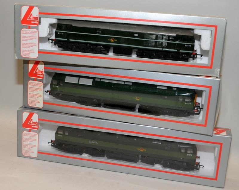 3 x Hornby OO gauge Diesel Locomotives BR Green Livery. D1670, D1738 and D5572. All in Lima boxes