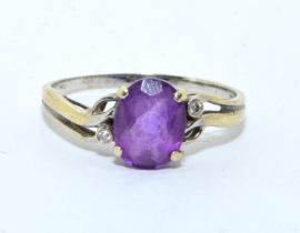 9ct white gold ladies Amethyst and diamond open work setting ring size S