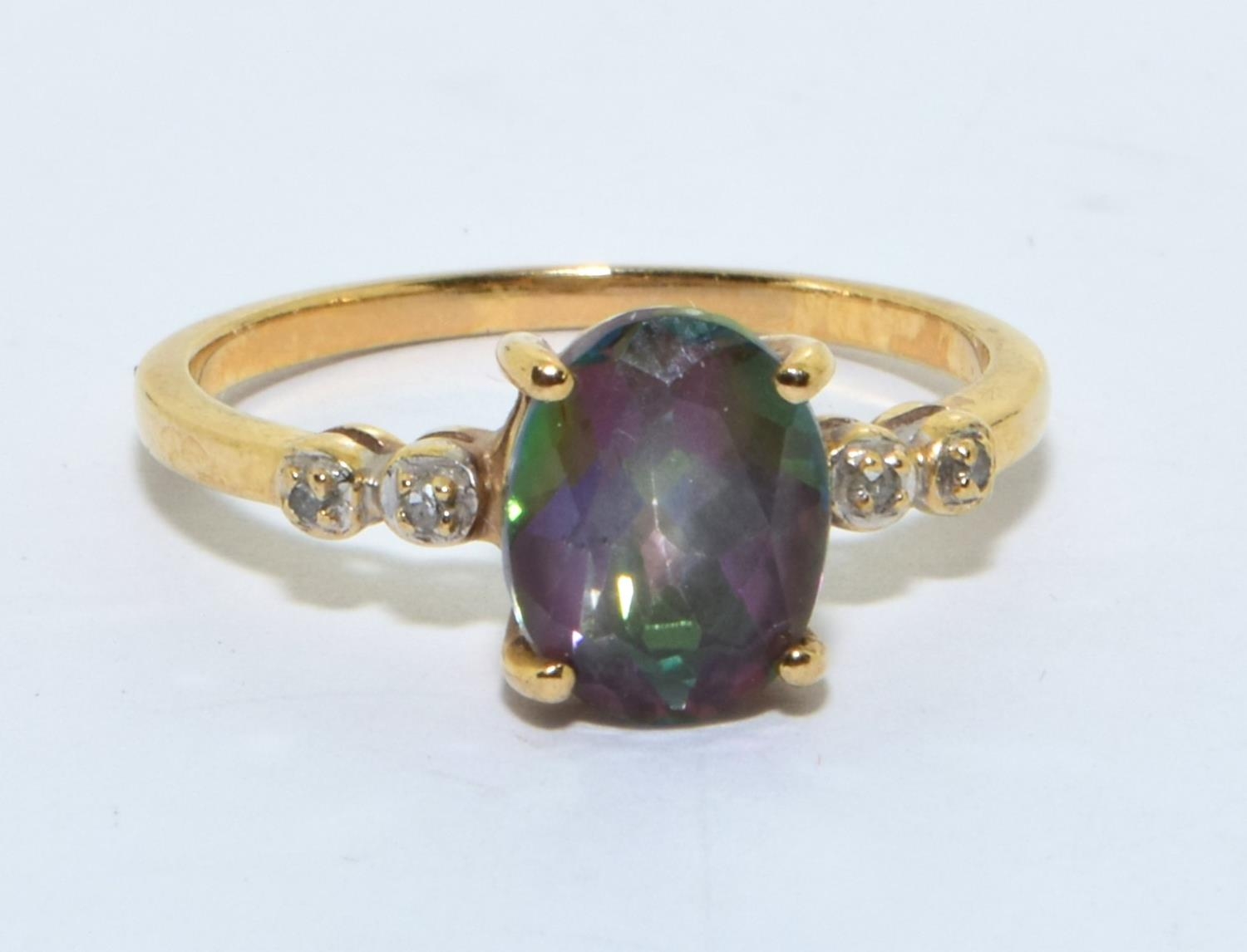 Mystic Topaz with Diamond shoulder 9ct gold ring size O - Image 5 of 5