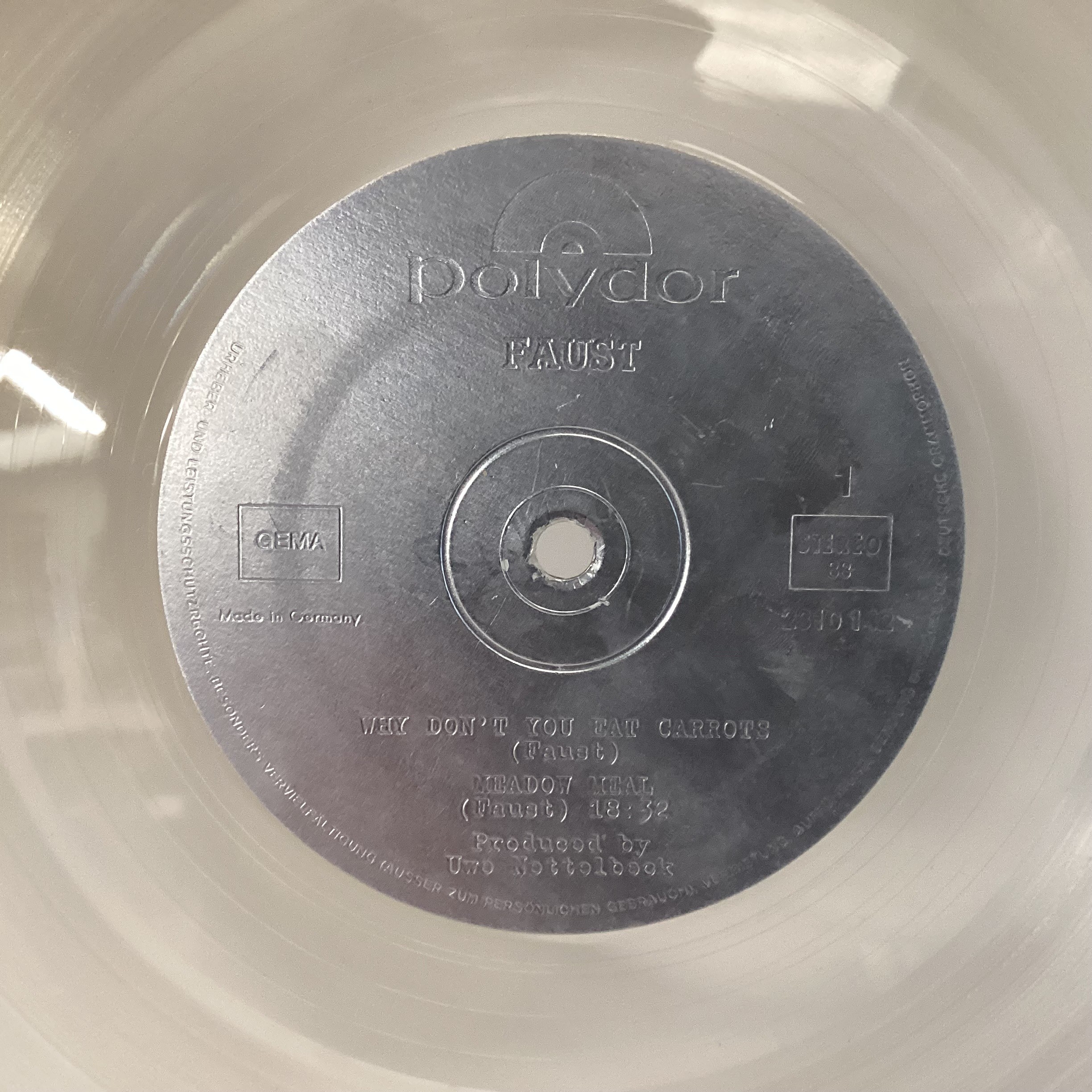 FAUST CLEAR VINYL LP RECORD. Rare original 1972 UK pressing on Clear Vinyl with embossed Silver - Image 3 of 4