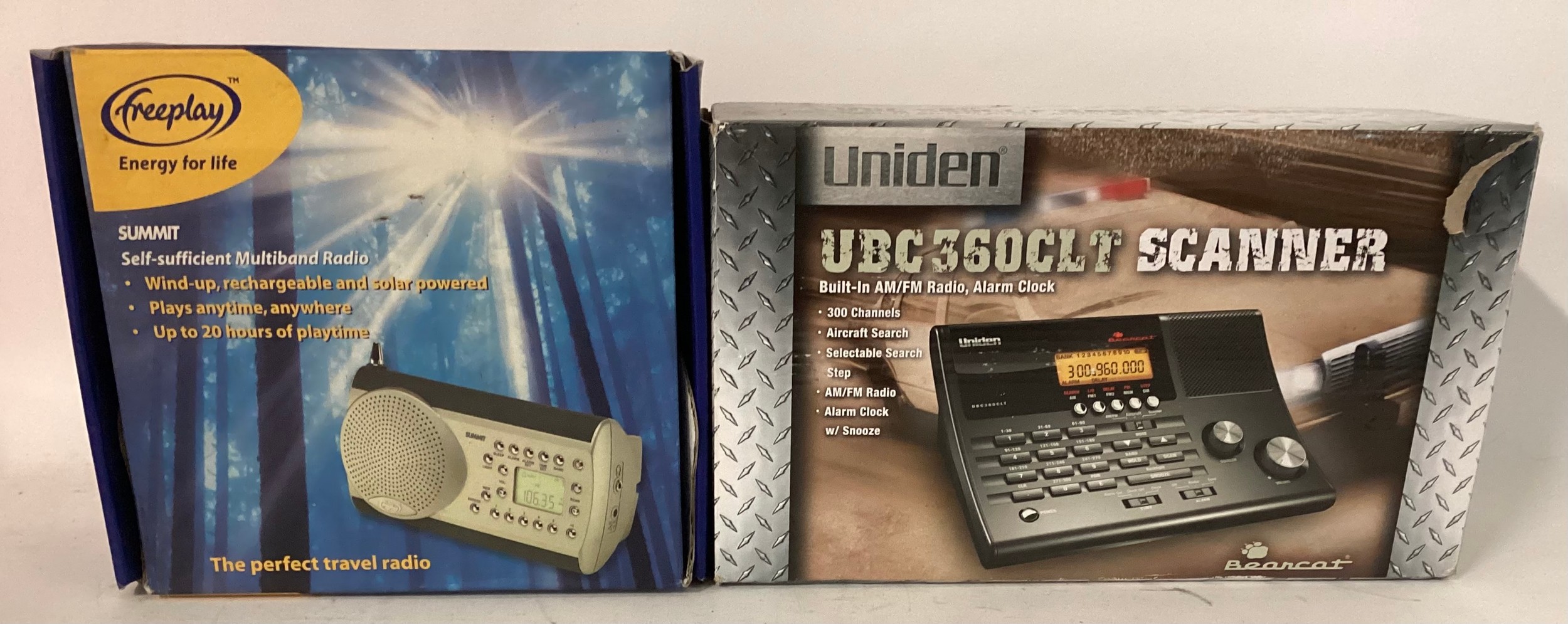 BOXED RADIO & SCANNER. Here we have a wind-up solar powered radio and a Uniden Scanner No. UBC-