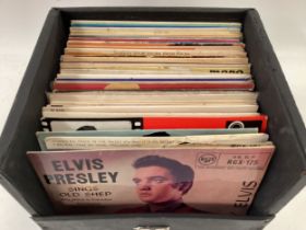 BOX OF VARIOUS EXTENDED PLAY VINYL 7” SINGLES. This selection has artists to include - Elvis Presley