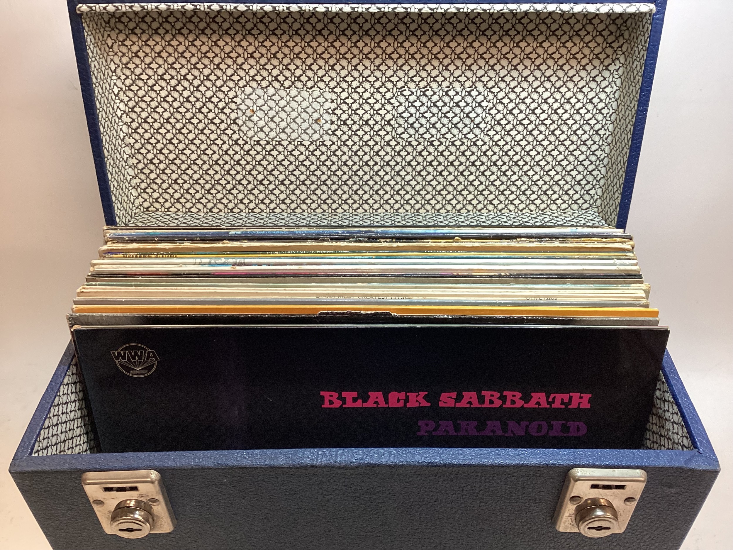 CARRY CASE OF VARIOUS ROCK AND POP RELATED VINYL LP RECORDS.