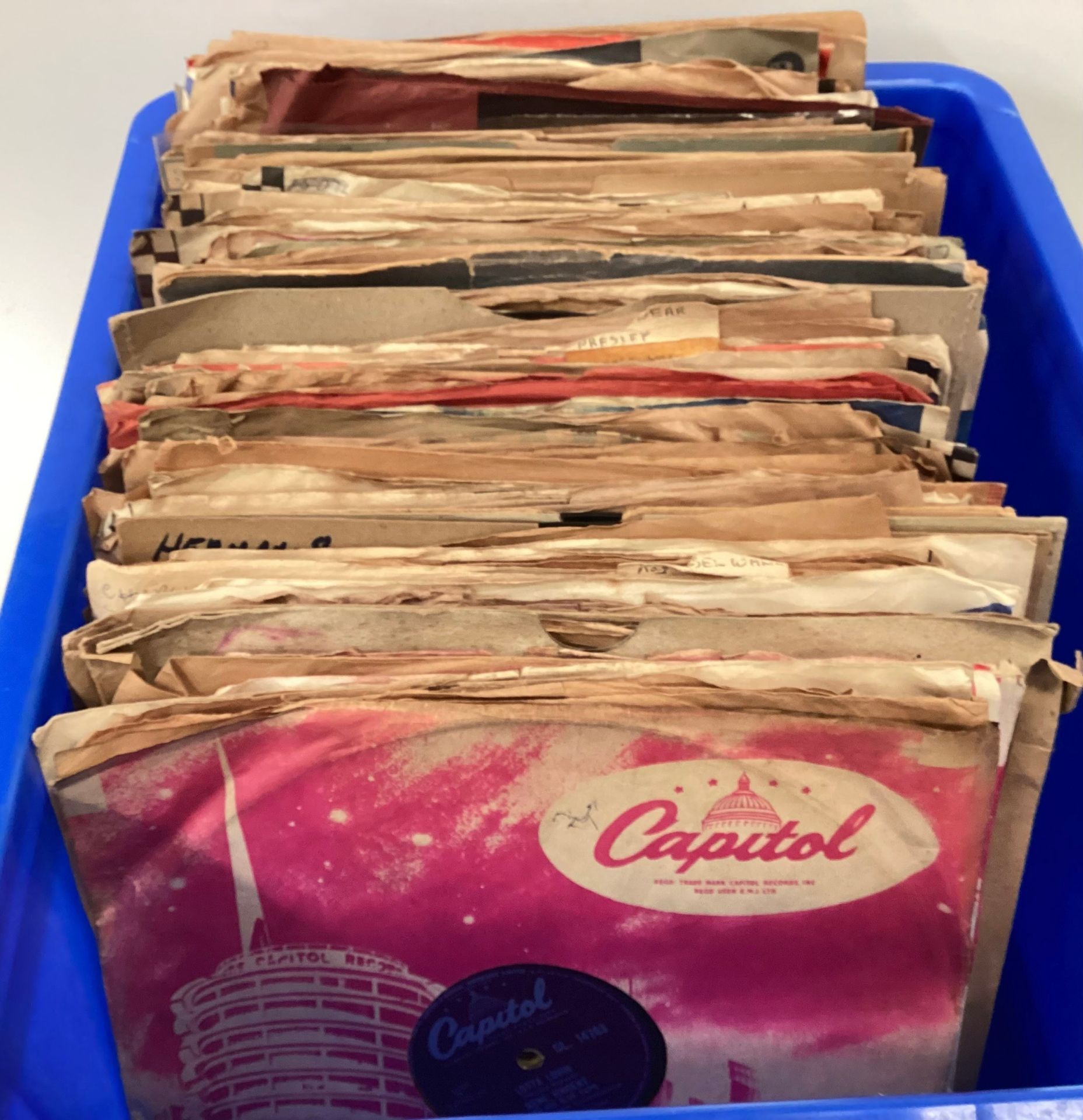 LARGE BOX OF SHELLAC 78RPM ROCK AND POP RECORDS. This container has artists to include - Johnny
