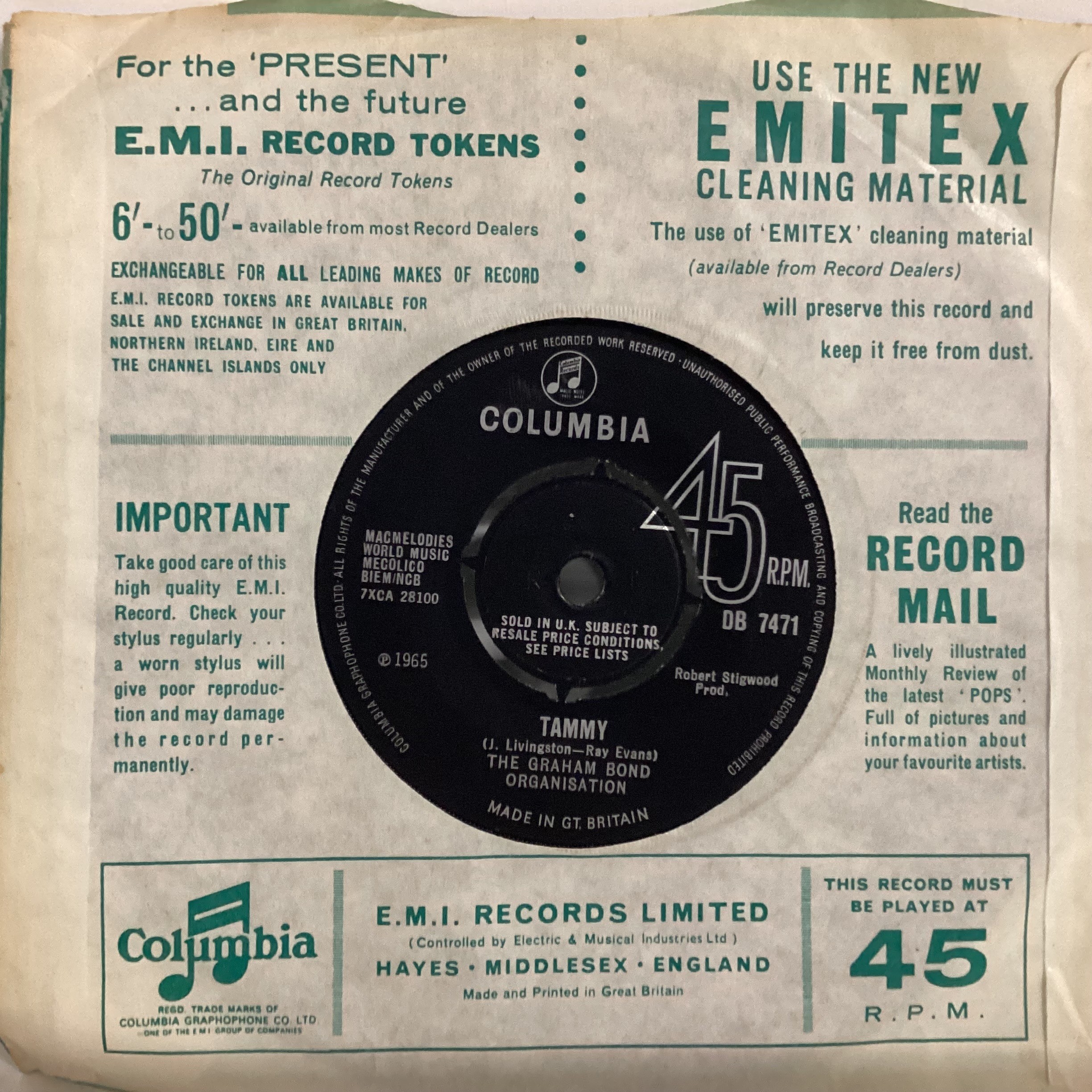 THE GRAHAM BOND ORGANISATION 7” SINGLE ‘WADE IN THE WATER’. Found here on Columbia DB 7471 from 1965 - Bild 2 aus 2