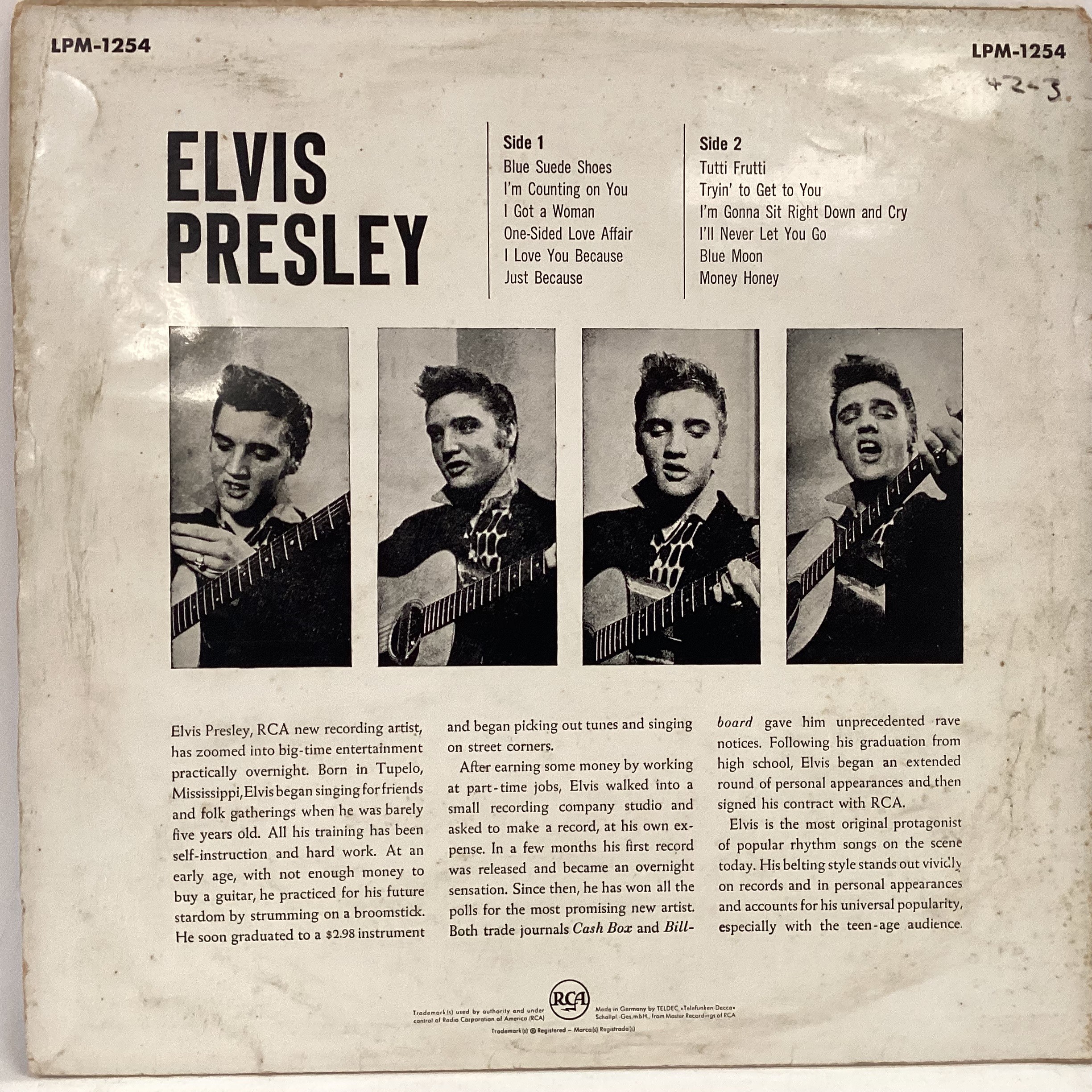 ELVIS PRESLEY DEBUT ALBUM ORIGINAL LONG PLAYER. This is a German pressing on RCA LPM 1254 found here - Image 2 of 4