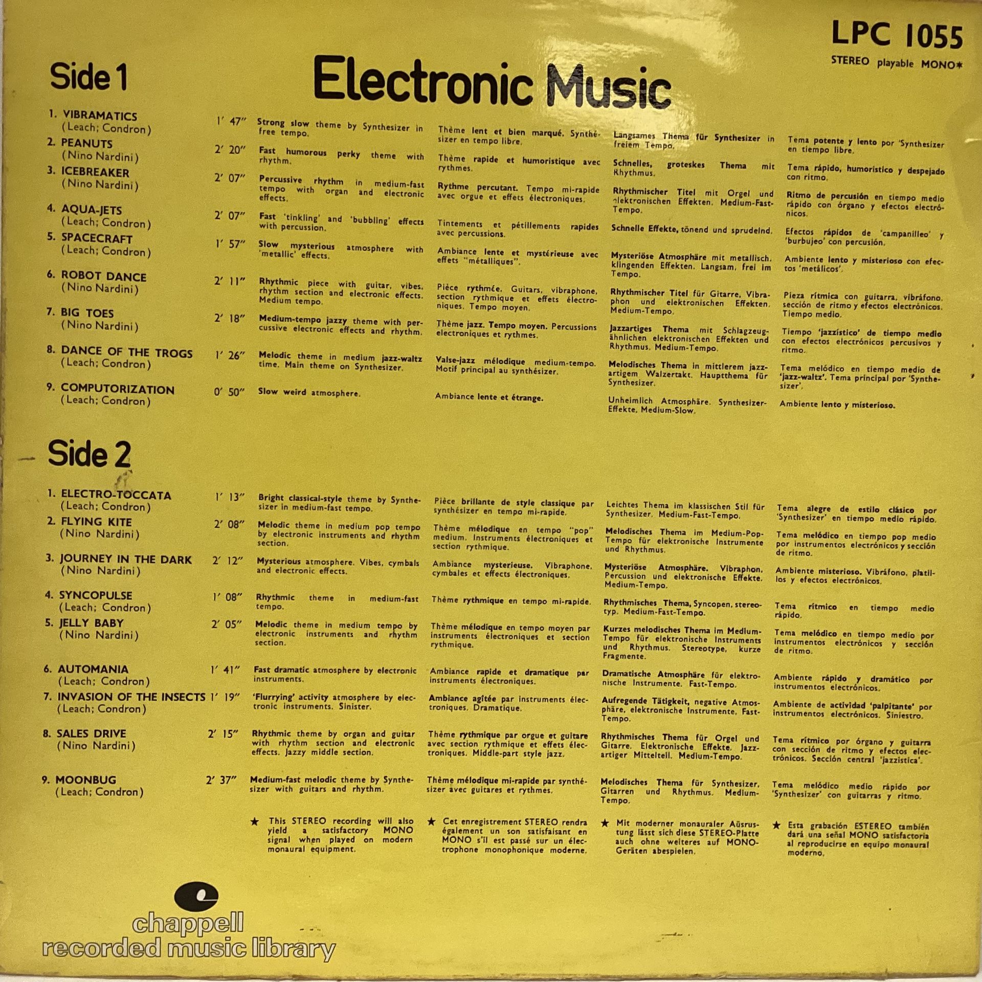 ELECTRONIC MUSIC VINYL LP RECORD. This vinyl is on Chappell Records No. LPC 1055 released in 1973 - Image 2 of 4