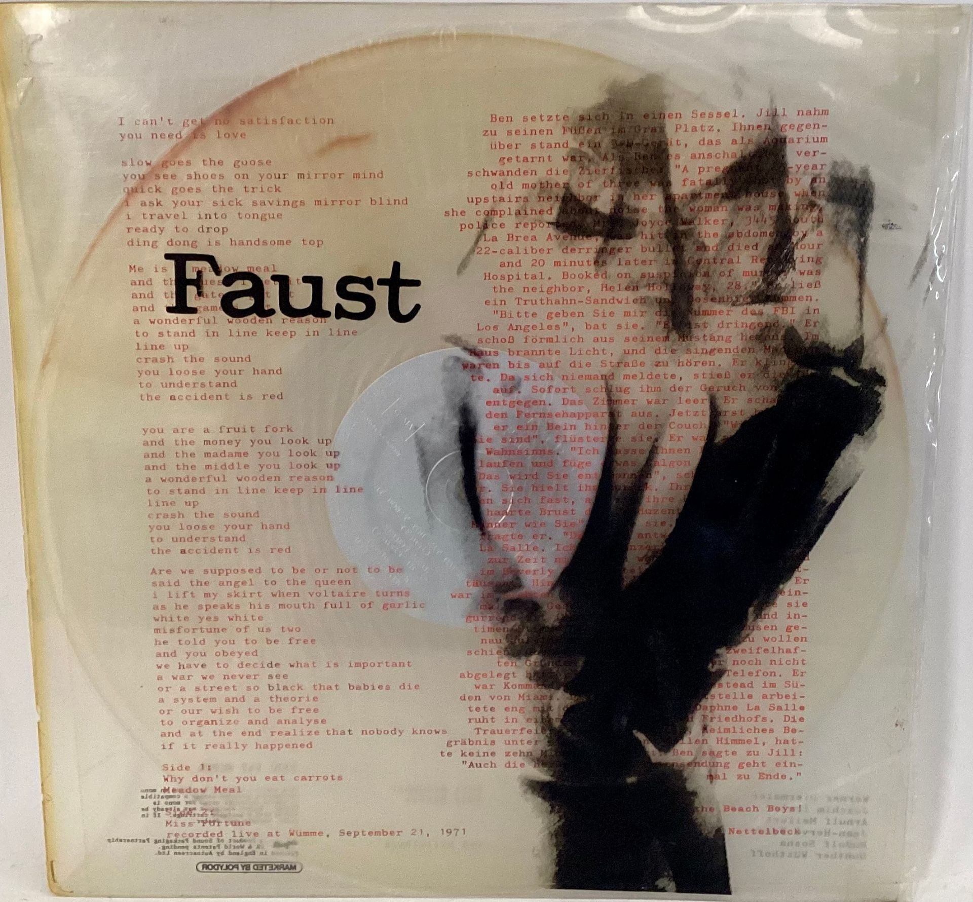 FAUST CLEAR VINYL LP RECORD. Rare original 1972 UK pressing on Clear Vinyl with embossed Silver