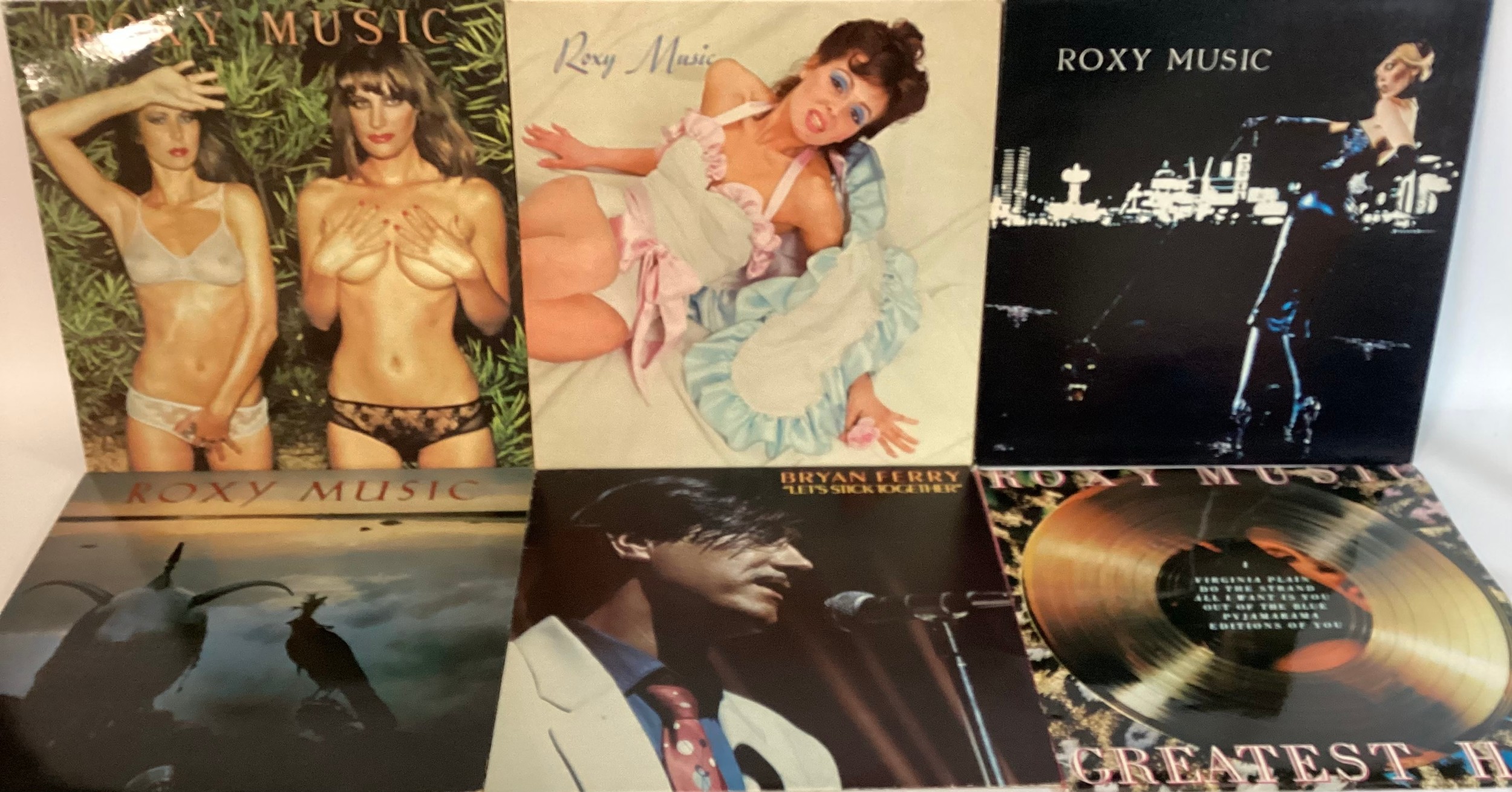 COLLECTION OF 6 RELATED ROXY MUSIC VINYL LP RECORDS. Titles here include - Country Life (pink rim) -