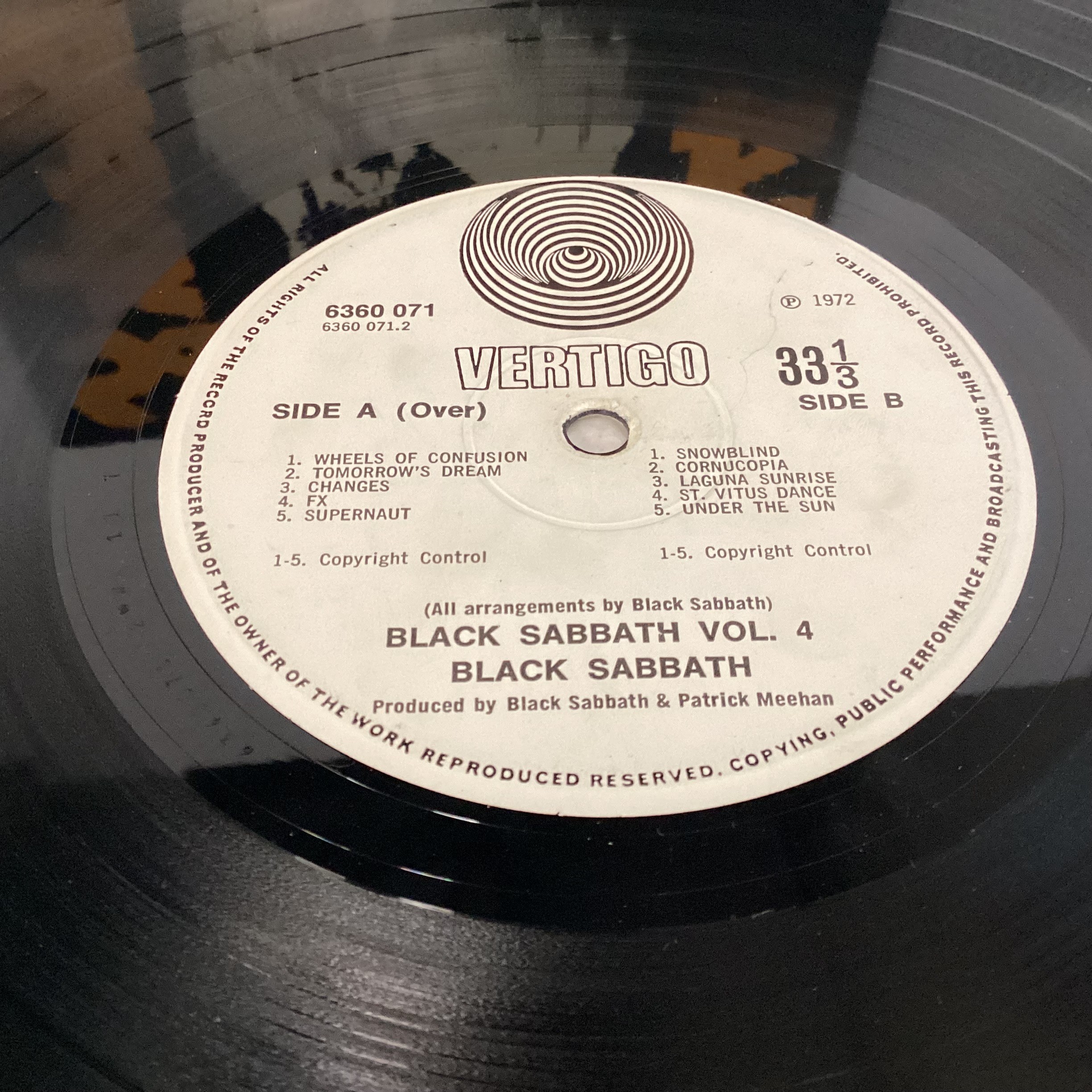 BLACK SABBATH "VOL.4" ORIGINAL PRESSING VIRTIGO SWIRL. This is a 1972 original pressing of Black - Image 6 of 7