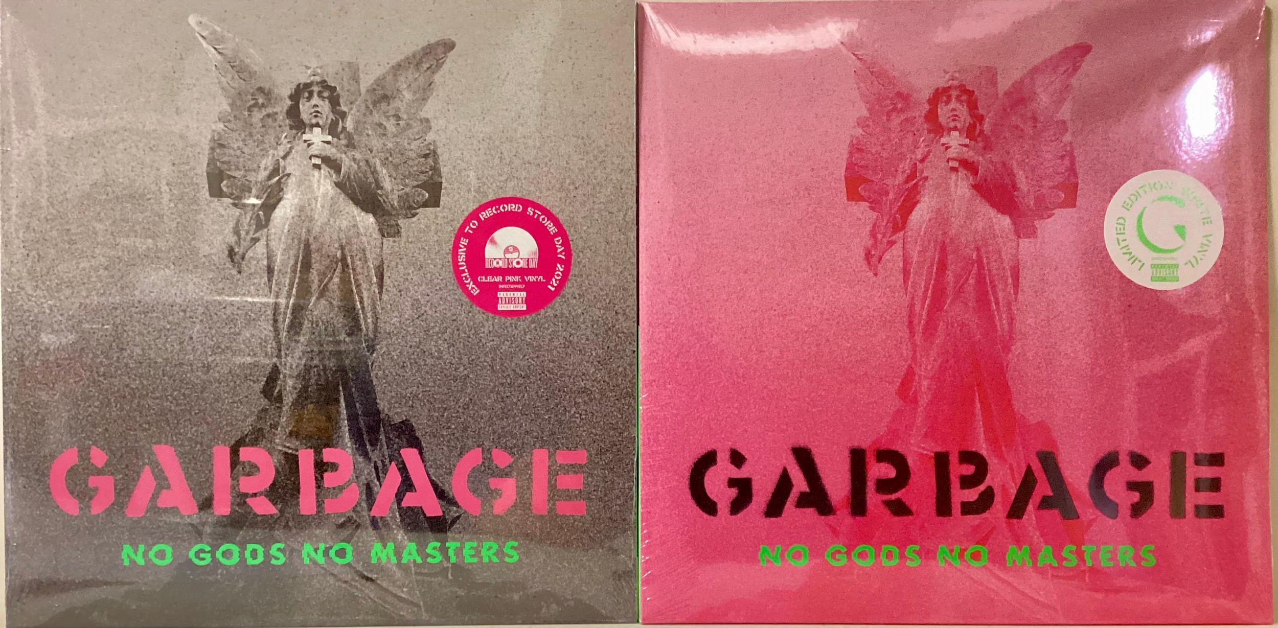 GARBAGE VINYL COLOURED LP RECORDS. Here we find both the same titled albums ‘No Gods No Masters’.