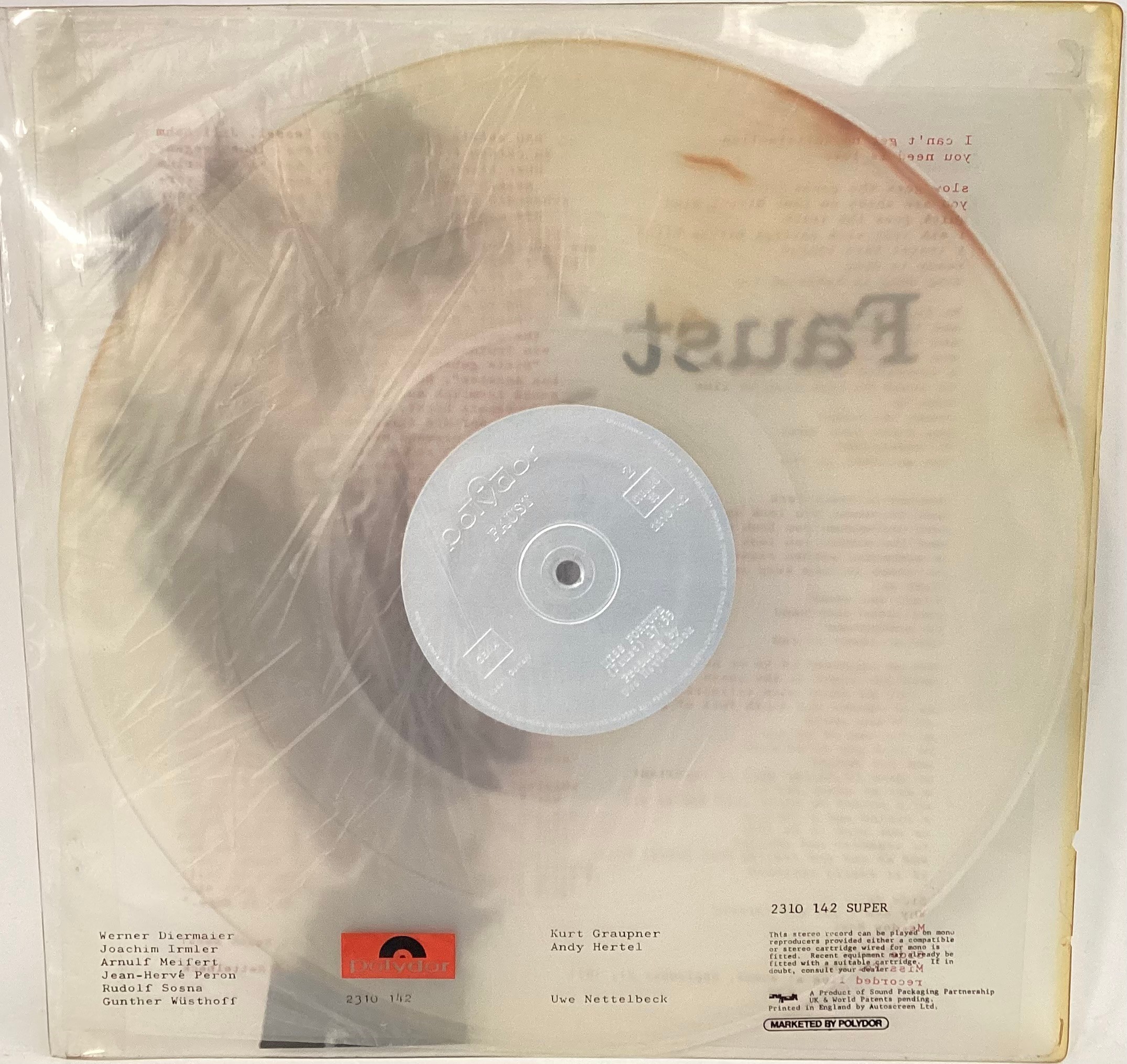 FAUST CLEAR VINYL LP RECORD. Rare original 1972 UK pressing on Clear Vinyl with embossed Silver - Image 2 of 4