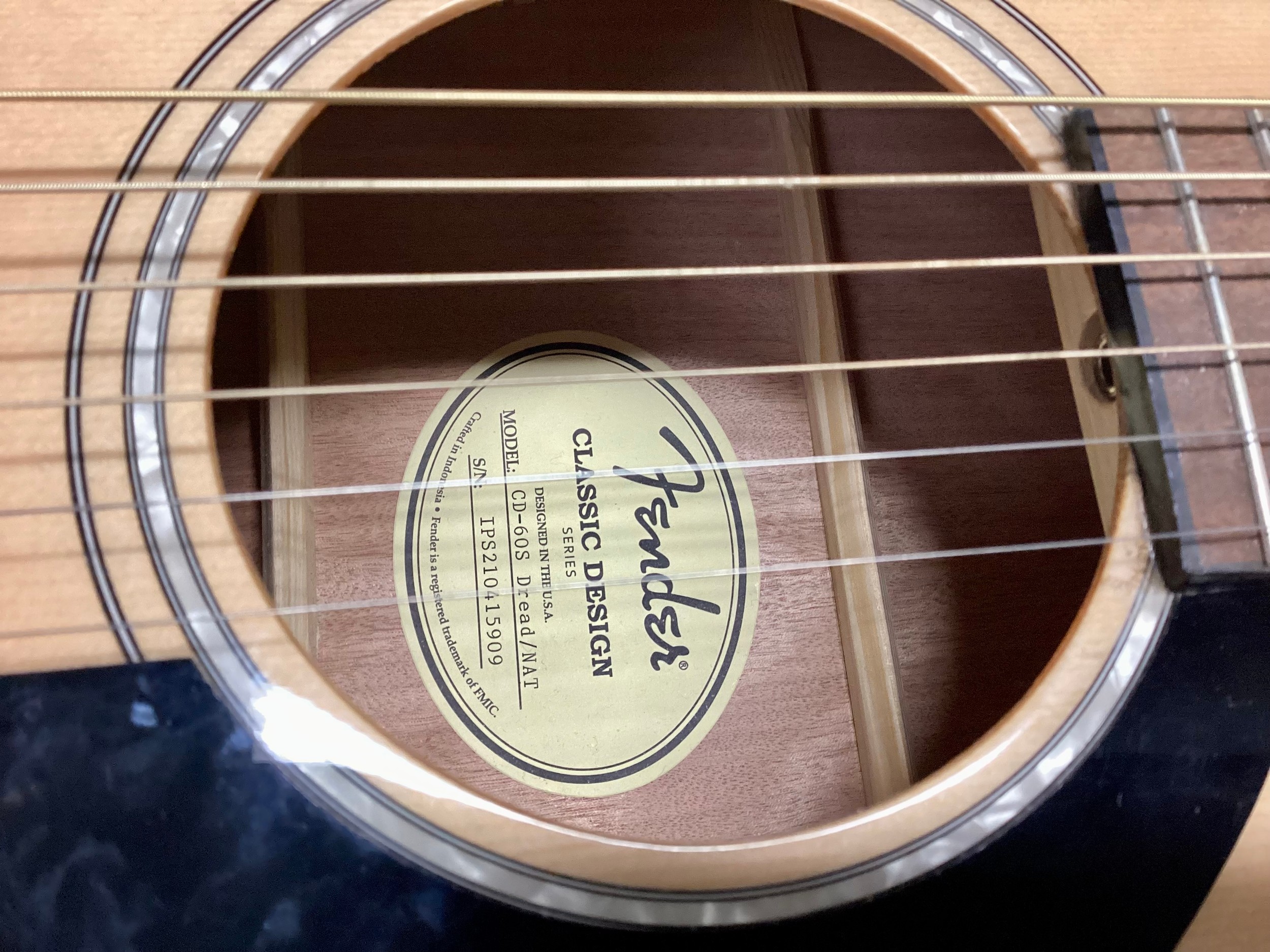 SIX STRING FENDER DREADNOUGHT ACOUSTIC GUITAR. Found here in Ex condition with model No. CD-60S. Has - Image 6 of 6
