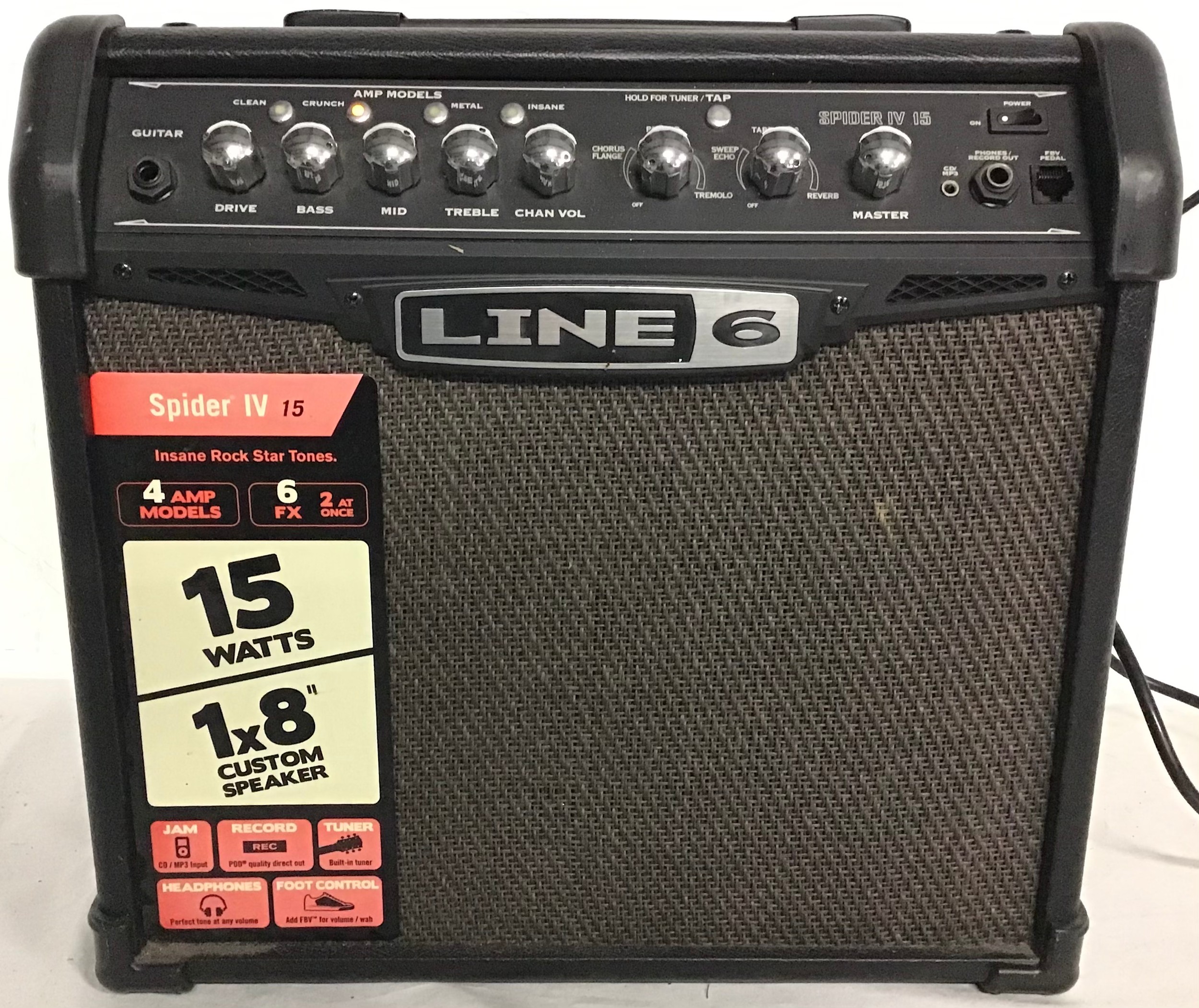 GUITAR AMPLIFIER BY LINE 6. This unit is model number Spider IV 15 and powers up when plugged in.