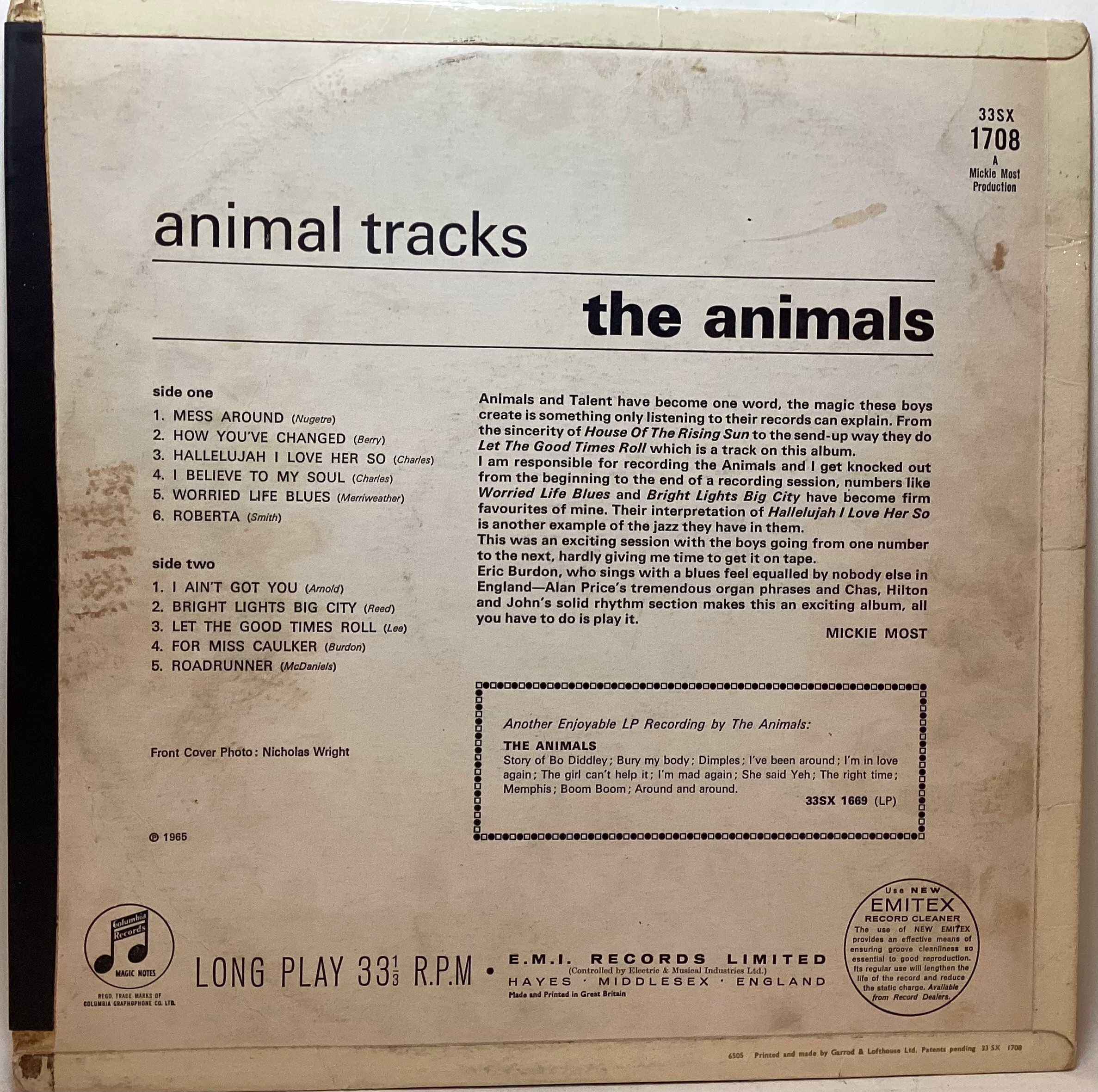 THE ANIMALS VINYL ALBUM ‘ANIMAL TRACKS’. This album is found on the Columbia 33SX 1708 from 1965 and - Image 2 of 4