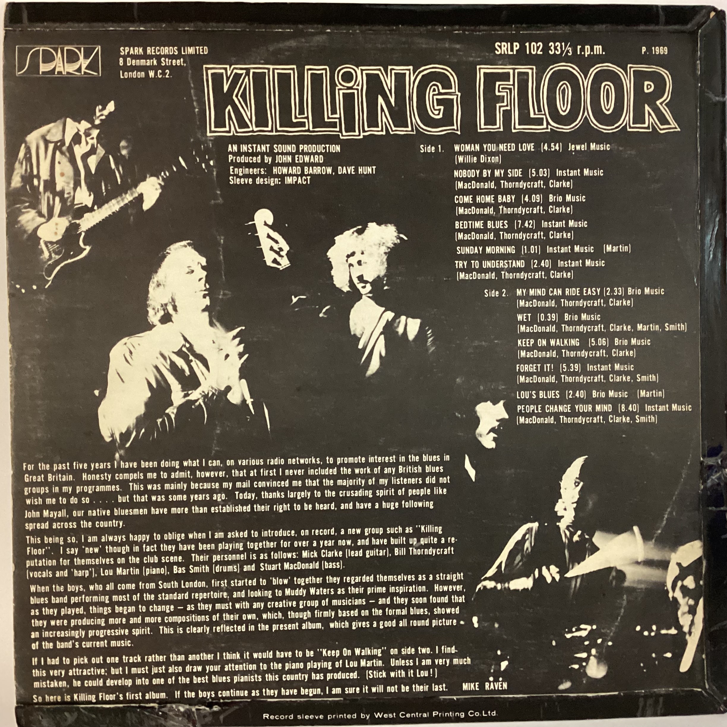 KILLING FLOOR SELF TITLED VINYL LP RECORD. This rare vinyl is found here on Spark Records SRLP 102 - Image 2 of 6